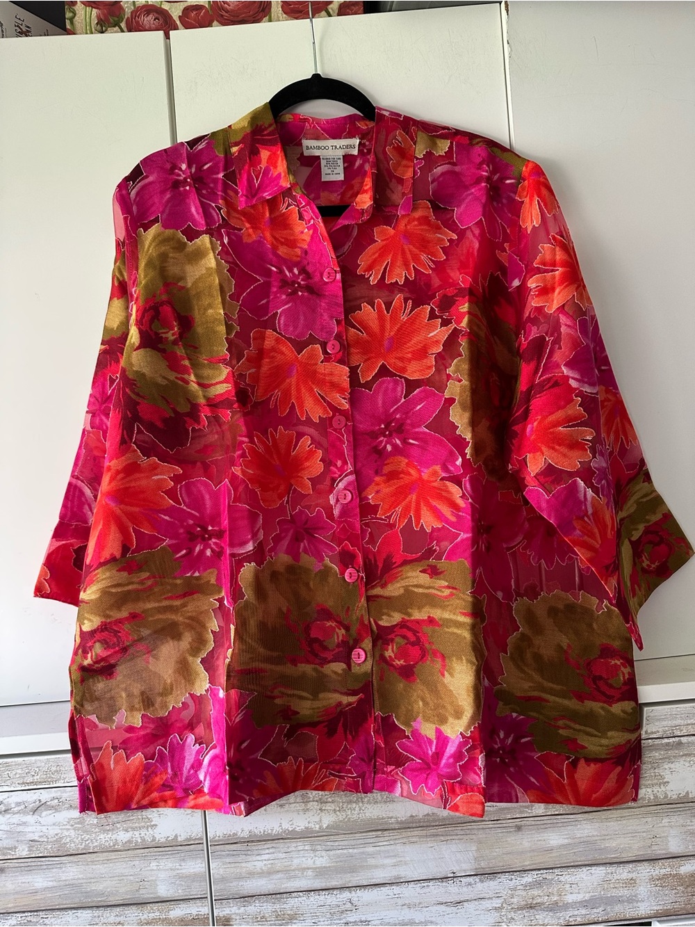 🌺 Bamboo Traders 1X Sheer Floral Button Front Blouse Pink Orange 3/4 Sleeve
